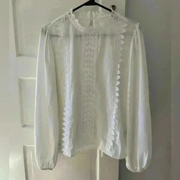 mid-century modern white long sleeve blouse with ruffles - Picture 1 of 7
